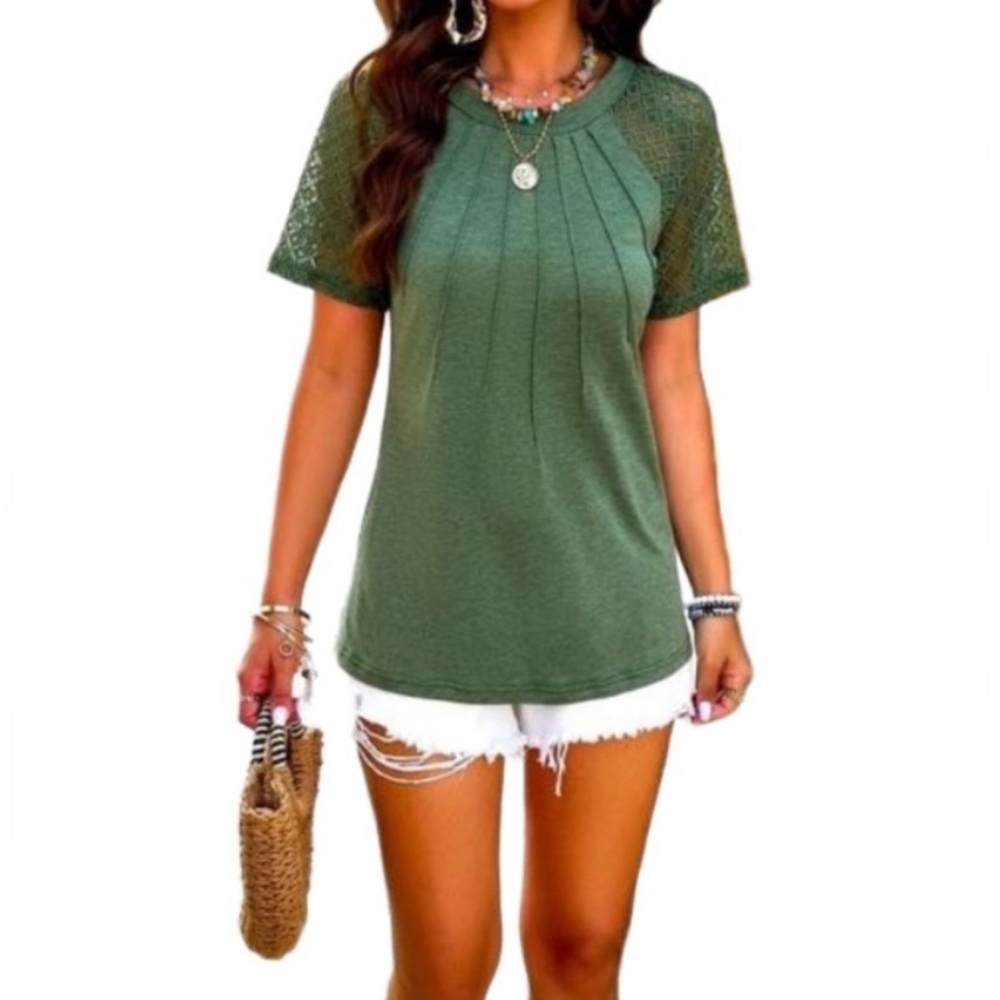 Women's Ruched, Solid Hollowed Out Sleeves, Round Neck Top